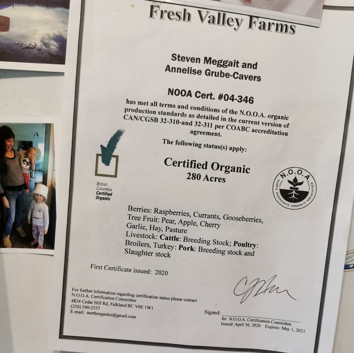 certified organic certificate - fresh valley farms - may 2020